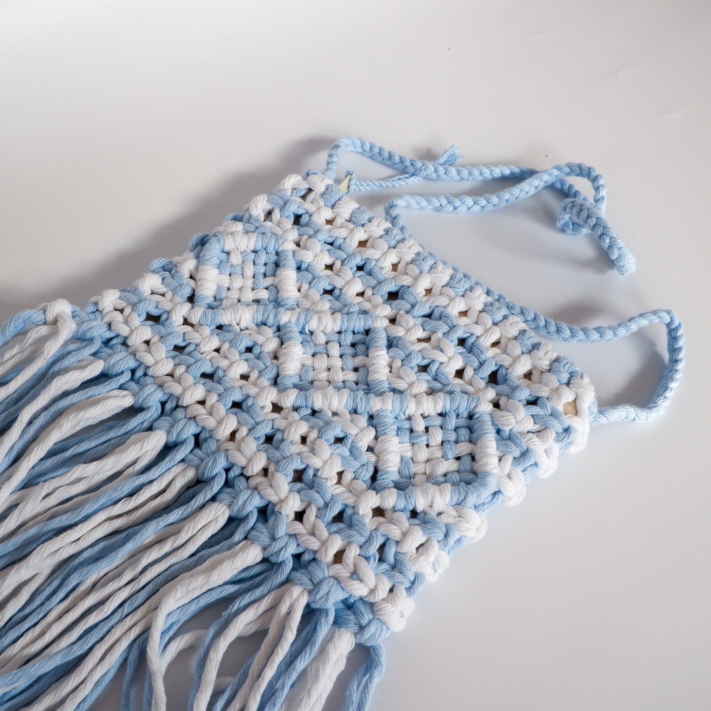 Macrame beach bag - light blue and white stripes